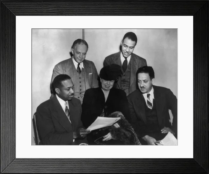 Framed Print : Eleanor Roosevelt with African American leaders in 1947. L-R: Dr. James McClendon, Walter White, Eleanor Roosevelt, Roy Wilkins, and Thurgood Marshall. (BSLOC_2013_7_14) Framed Print : Eleanor Roosevelt with African American leaders in 1947. L-R: Dr. James McClendon, Walter White, Eleanor Roosevelt, Roy Wilkins, and Thurgood Marshall. (BSLOC_2013_7_14)