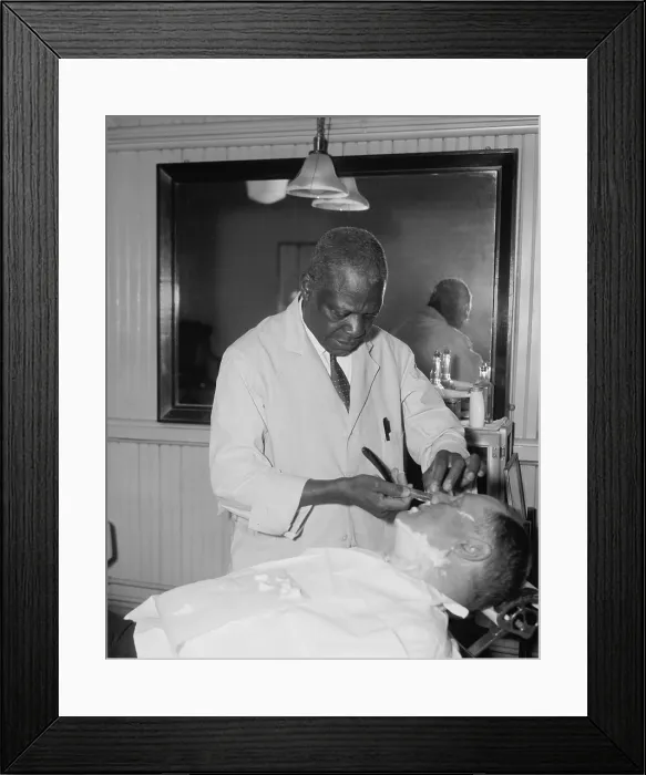 Framed Print : African American barber at the Senate Barbershop. Jan. 5, 1937. Senator Fred Brown gets a shave before FDR's address to Congress. (BSLOC_2013_7_139)
