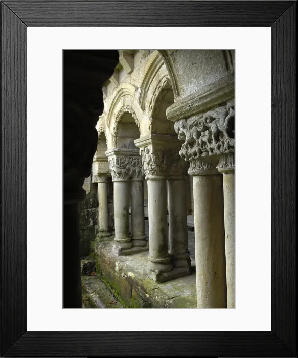 Framed Print : SPAIN. Santillana de Mar. The cloister of the Collegiate church. Romanesque art12th c. Detail of the capitals. Romanesque art. Architecture