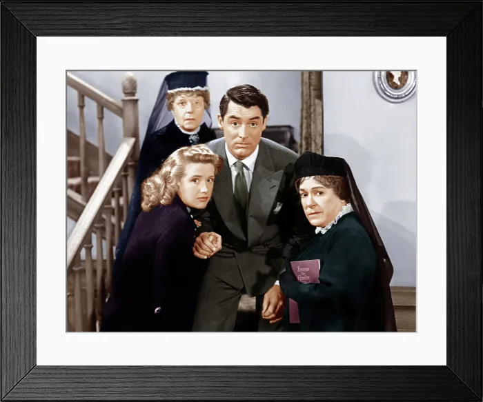 Framed Print : ARSENIC AND OLD LACE, from left: Priscilla Lane, Jean Adair (back), Cary Grant, Josephine Hull, 1944 Framed Print : ARSENIC AND OLD LACE, from left: Priscilla Lane, Jean Adair (back), Cary Grant, Josephine Hull, 1944