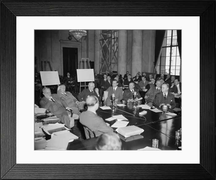 Framed Print : Steel executives before the Monopoly Committee, Nov. 3, 1939. L-R: Elton Hoyt, Crispin Oglebay, Emmett Butler, Patrick Butler, E.B. Greene, George Humphrey. (BSLOC_2013_7_131) Framed Print : Steel executives before the Monopoly Committee, Nov. 3, 1939. L-R: Elton Hoyt, Crispin Oglebay, Emmett Butler, Patrick Butler, E.B. Greene, George Humphrey. (BSLOC_2013_7_131)