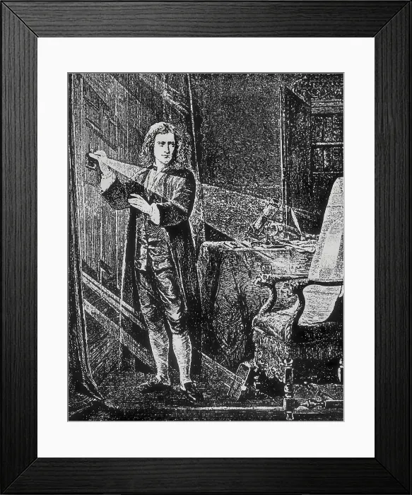 Framed Print : Newton, Sir Isaac (1642-1727). English mathematician, physicist and astronomer. Newton analyzing a light beam. Engraving. FRANCE. Paris. National Library