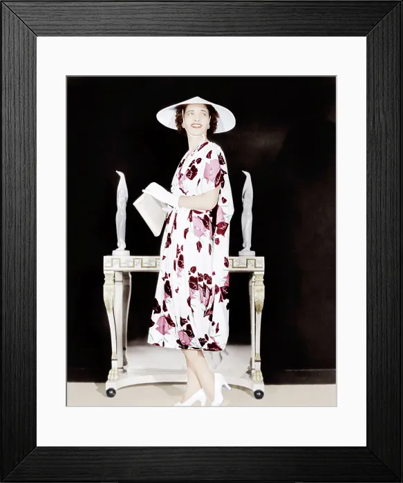 Framed Print : ANOTHER DAWN Kay Francis modeling floral-print crepe frock with white accessories, 1937 Framed Print : ANOTHER DAWN Kay Francis modeling floral-print crepe frock with white accessories, 1937