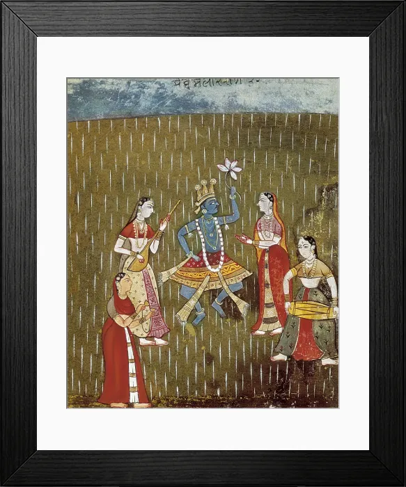 Framed Print : Krishna with a lotus flower and his wife Radha dancing in the rain with three girl musicians. 17th c. Hindu art. Miniature Painting. Proc: INDIA. RAJASTHAN Framed Print : Krishna with a lotus flower and his wife Radha dancing in the rain with three girl musicians. 17th c. Hindu art. Miniature Painting. Proc: INDIA. RAJASTHAN