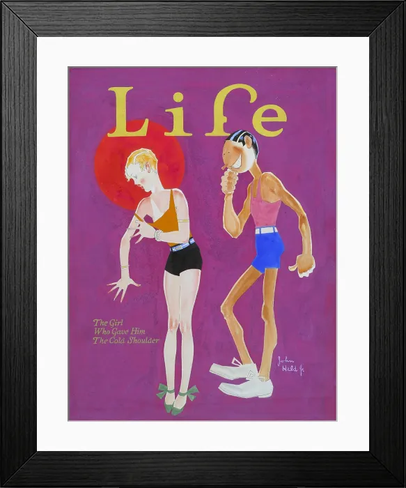 Framed Print : Sunburned woman pulling down shoulder strap of her beach blouse as man smiles. John Held Jr. illustration of the changing relations between the sexes in the roaring 1920's