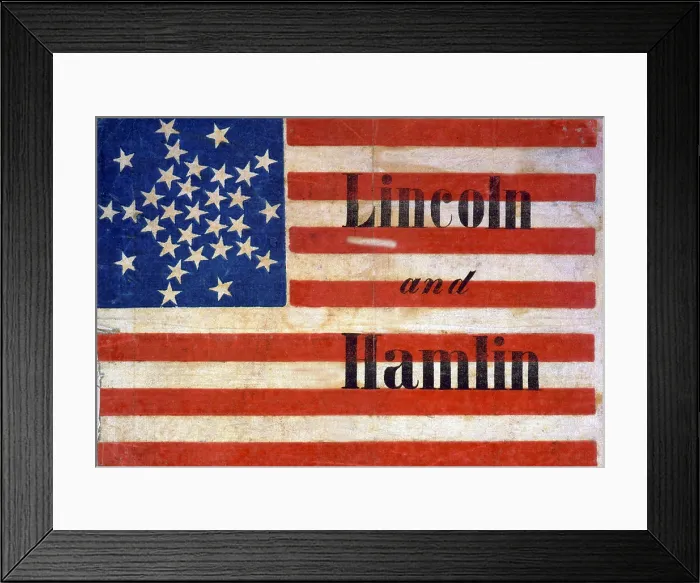 Framed Print : Abraham Lincoln presidential campaign banner of an American flag pattern, with thirty-one stars and 'Lincoln and Hamlin.' 1860