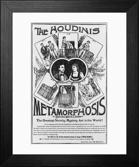 Framed Print : Poster of the Houdinis performing METAMORPHOSIS, one of their early signature acts. Ca. 1895