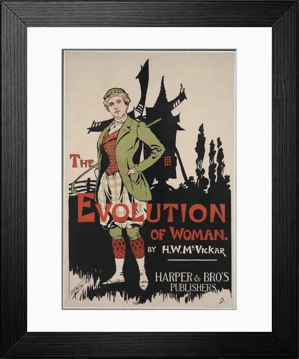 Framed Print : Poster advertising THE EVOLUTION OF WOMAN, a book of humorous illustrations of women through history, by H. M