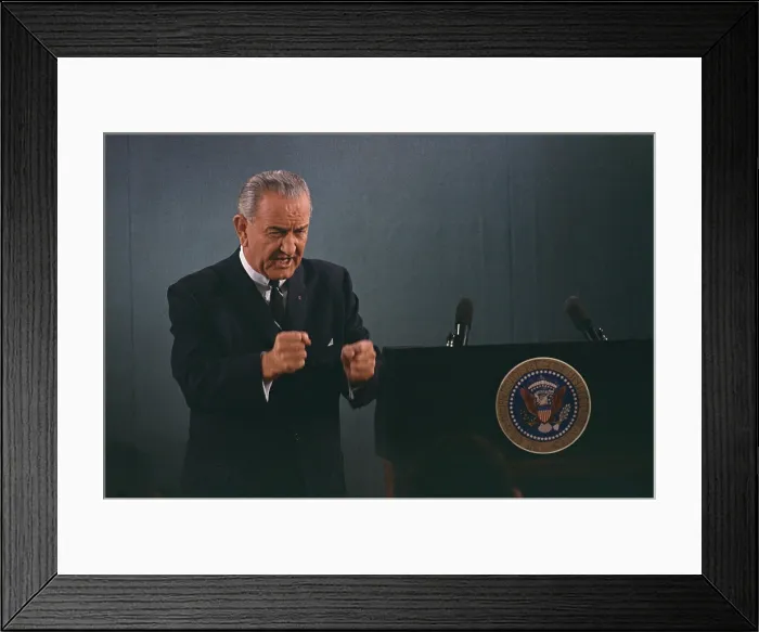 Framed Print : President Lyndon Johnson in an emphatic gesture during a nationally televised press conference. Nov. 17, 1967