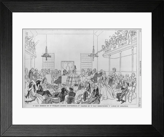 Framed Print : 1859 print satirizing the 9th Women Rights Convention in New York City with the Ye May session of ye woman's rights convention - ye orator of ye day denouncing ye lords