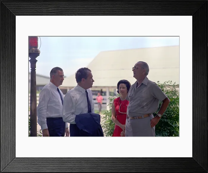 Framed Print : Richard Nixon and Spiro Agnew visit the LBJ Ranch on Aug. 19, 1968. L-R: Republican nominees Spiro Agnew and Richard Nixon; Lady Bird Johnson; Pres. Lyndon Johnson
