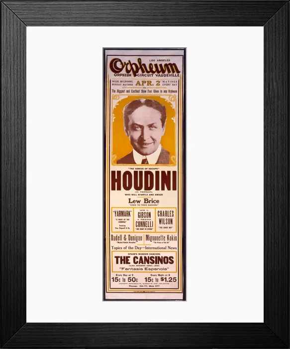 Framed Print : Orpheum Circuit Vaudeville Poster advertising Harry Houdini, one of its most popular attractions. 1923
