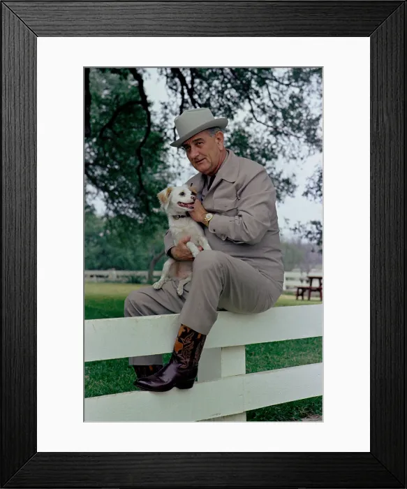 Framed Print : President Lyndon Johnson posing with Yuki at the LBJ Ranch, near Stonewall, Texas. He is wearing his Texas clothing: beige twill western suit, embossed boots, and cowboy hat. Dec