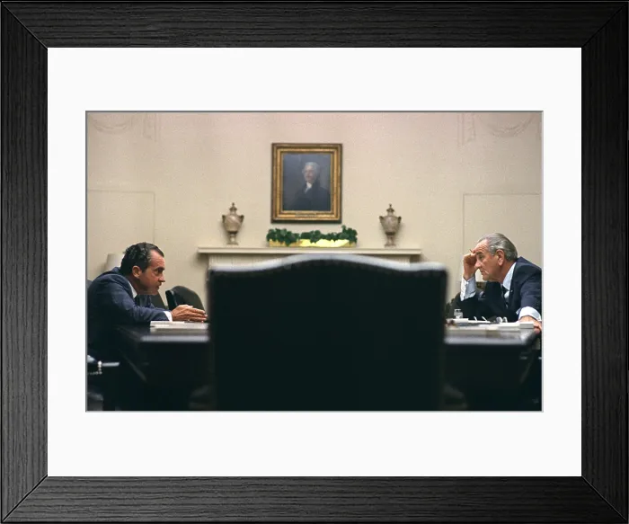 Framed Print : President Lyndon Johnson meets with Richard Nixon during the 1968 Presidential Campaign on July 26, 1968