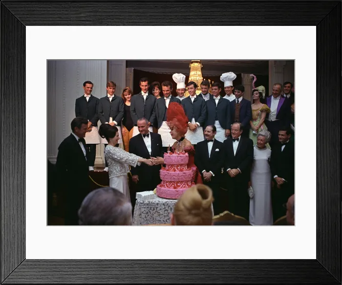 Framed Print : Lady Bird Johnson thanks Carol Channing and cast members after their White House performance of the hit Broadway musical, Hello Dolly'. Jan. 17, 1967