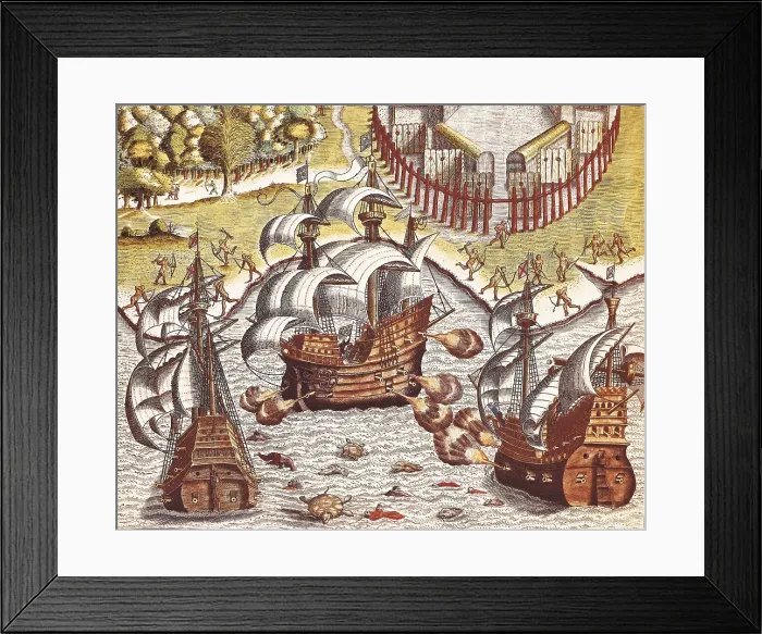 Framed Print : BRY, Theodor de (1528-1598). 'Americae Tertia Pars'. Naval Battle between the Portuguese and French in the Seas of the Potiguaran Territories. Flemish art. Engraving