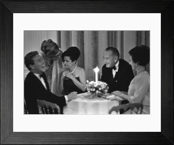 Framed Print : British Royals at the White House. L-R: Lord Snowden (laughing), Lady Bird Johnson, President Lyndon Johnson, Princess Margaret at a small table. Nov. 17, 1965