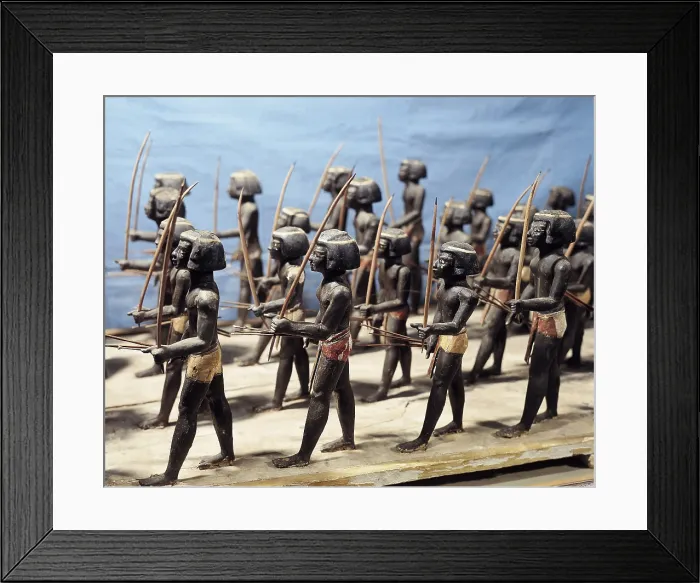 Framed Print : Nubian archers. 2040 -1991 BC. This mock-up forms a pair with another one of infantry soldiers. 9th Dynasty. Egyptian art. Middle Kingdom. Sculpture on wood. EGYPT. Cairo