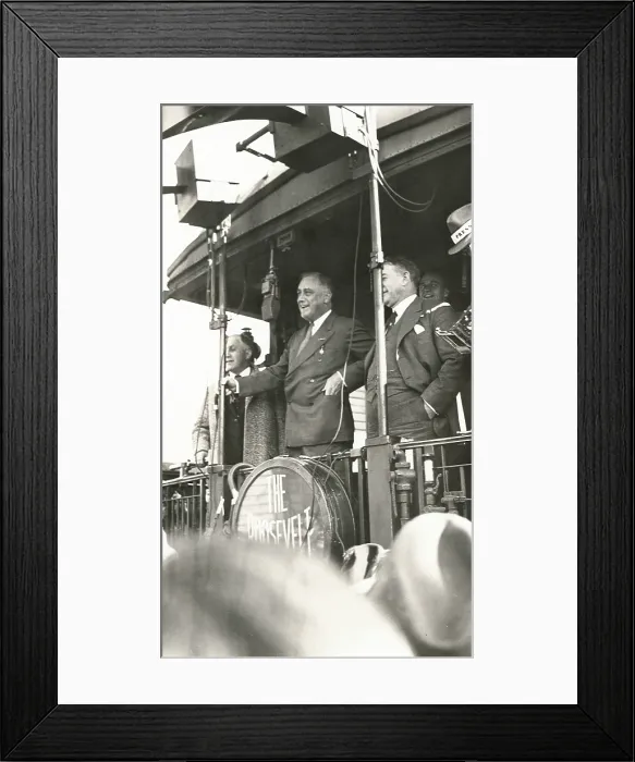 Framed Print : Franklin Roosevelt campaigning for President in New Albany, Indiana, Oct. 22, 1932. He is aboard the The Roosevelt Special with son, James. (BSLOC_2013_5_90)
