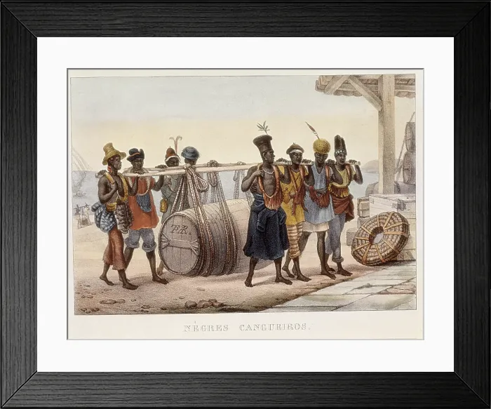 Framed Print : DEBRET, Jean Baptiste (1768-1848). A Colourful and Historic Journey to Brazil. 1839. 'Negres cangueiros'. Black urban slaves transporting a wine barrel. Costumbrism