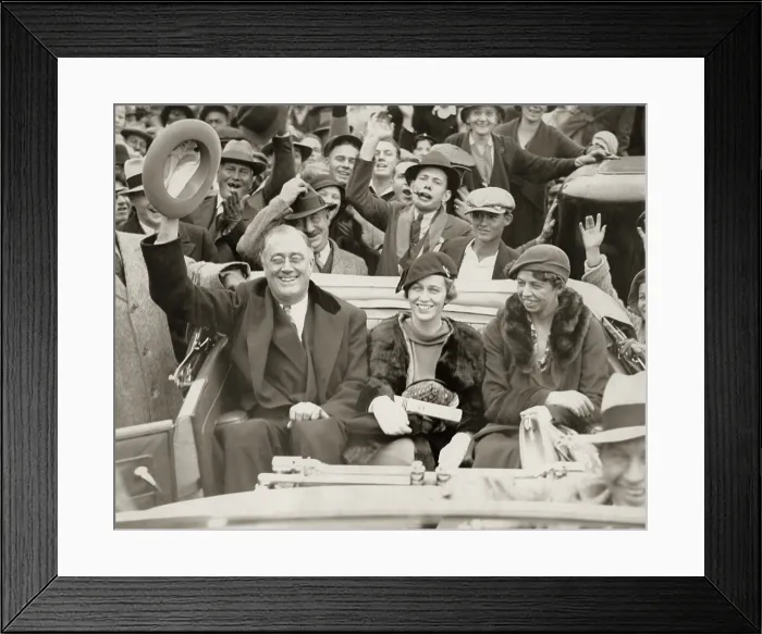 Framed Print : Franklin Roosevelt campaigning with Anna and Eleanor in Georgia. Oct. 24, 1932. They are traveling from the train station to his cottage at Warm Springs. (BSLOC_2013_5_93) Framed Print : Franklin Roosevelt campaigning with Anna and Eleanor in Georgia. Oct. 24, 1932. They are traveling from the train station to his cottage at Warm Springs. (BSLOC_2013_5_93)
