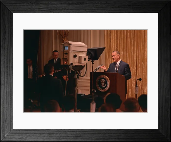 Framed Print : President Lyndon Johnson televised press conference with announcement of greatly increased commitment of U.S. armed forces to Vietnam. July 28, 1965