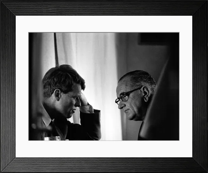 Framed Print : President Lyndon Johnson meeting with Robert Kennedy. The two men were unfriendly rivals, but supported each other in the 1964 elections. Oct. 14, 1964 Framed Print : President Lyndon Johnson meeting with Robert Kennedy. The two men were unfriendly rivals, but supported each other in the 1964 elections. Oct. 14, 1964