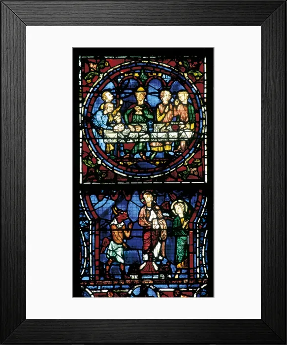 Framed Print : FRANCE. Chartres. Notre Dame cathedral. Stained glass window in the apse. 12th c. On the top, the Last Supper is pictured. Gothic art. Glass window