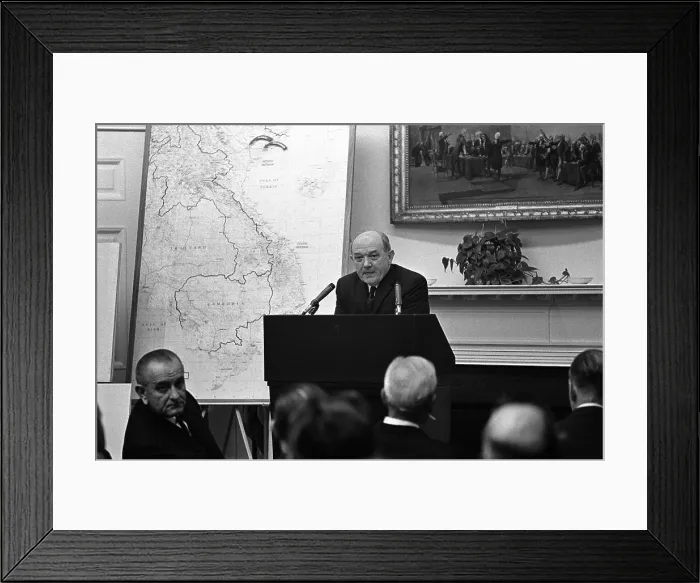 Framed Print : Secretary of State Dean Rusk briefs US Governors on the Vietnam War. President Lyndon Johnson listens (left). March 18, 1967