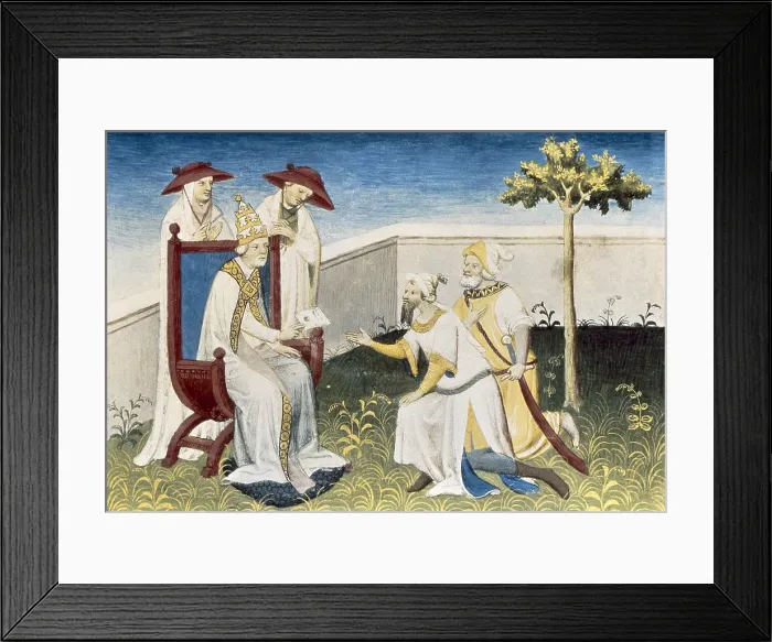 Framed Print : Polo, Marco (1254-1324). Venetian traveller. French handwriting edition (14th c.). Meeting between the brothers Mateo and Niccol Polo and the Pope Gregory X Framed Print : Polo, Marco (1254-1324). Venetian traveller. French handwriting edition (14th c.). Meeting between the brothers Mateo and Niccol Polo and the Pope Gregory X