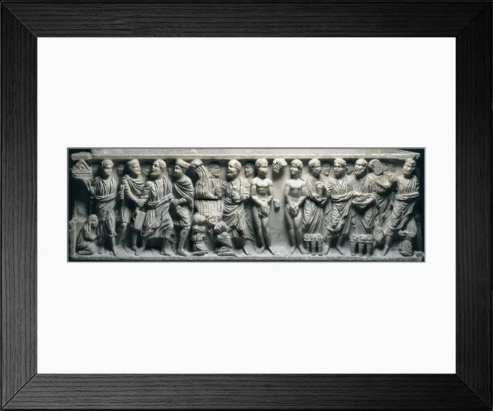 Framed Print : Sarcofagus following a crystalline style (Roman art), 4th c. It was Alfonso III the Great's sarcofagus. From left to right, the scenes are: 1 Framed Print : Sarcofagus following a crystalline style (Roman art), 4th c. It was Alfonso III the Great's sarcofagus. From left to right, the scenes are: 1