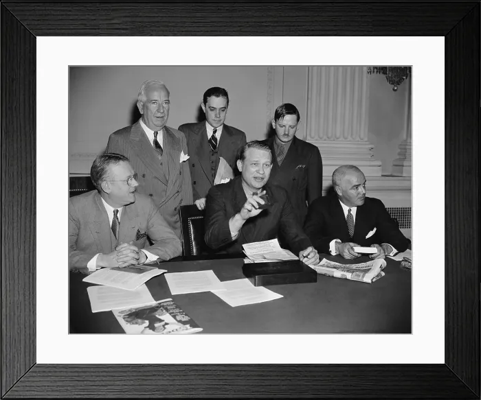 Framed Print : Dies Committee of the 75th Congress adjourns, Dec. 19, 1938. At final hearing, seated, L-R: Harold G. Mosier; Chairman Martin Dies; and J. Parnell Thomas