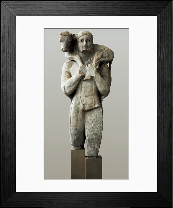 Framed Print : The Moschophoros. 570 BC. Calf-Bearer. Archaic Greek art. Sculpture on marble. GREECE. Athens. Acropolis. Acropolis Museum. Proc: GREECE. Athens. Acropolis