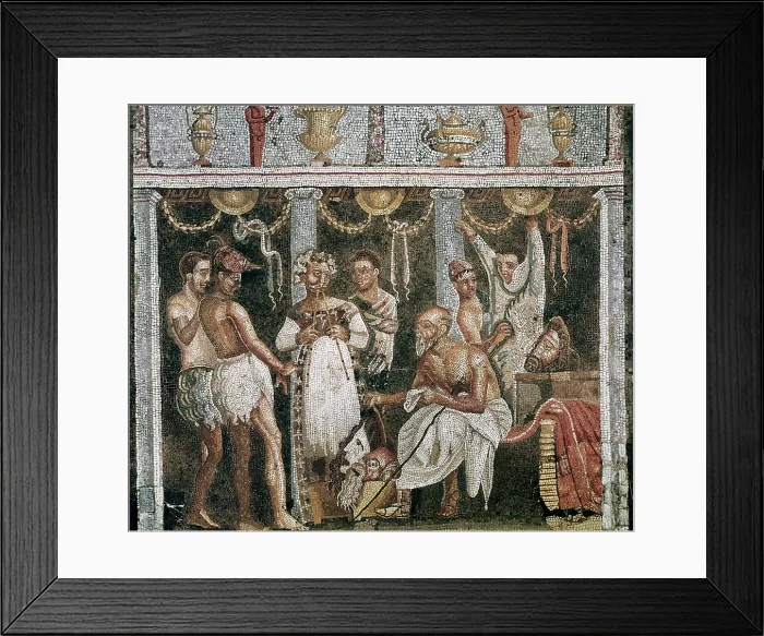 Framed Print : Scene of actors in backstage preparing a theatrical satire, instructed by a poet or a 'choregos' rich citizen who paid the costs. 2nd century B.C. Detail. Roman art Framed Print : Scene of actors in backstage preparing a theatrical satire, instructed by a poet or a 'choregos' rich citizen who paid the costs. 2nd century B.C. Detail. Roman art