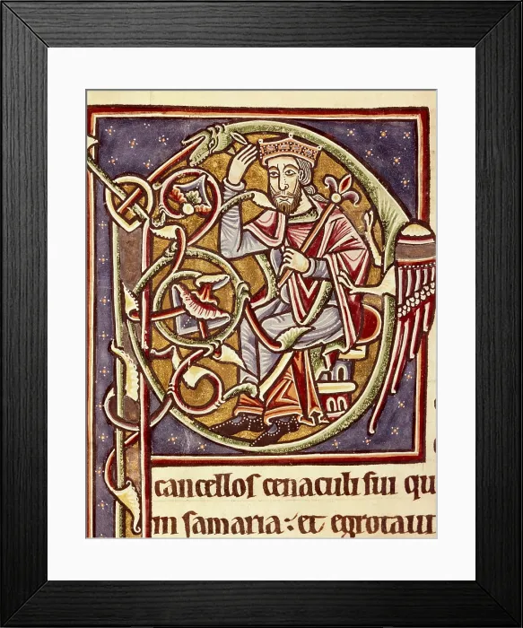 Framed Print : Portuguese Bible. Initial with representation of the king Ahaziah of Israel (Moab), 11th c. Romanesque art. Miniature Painting. PORTUGAL. Coimbra. Coimbra University Library