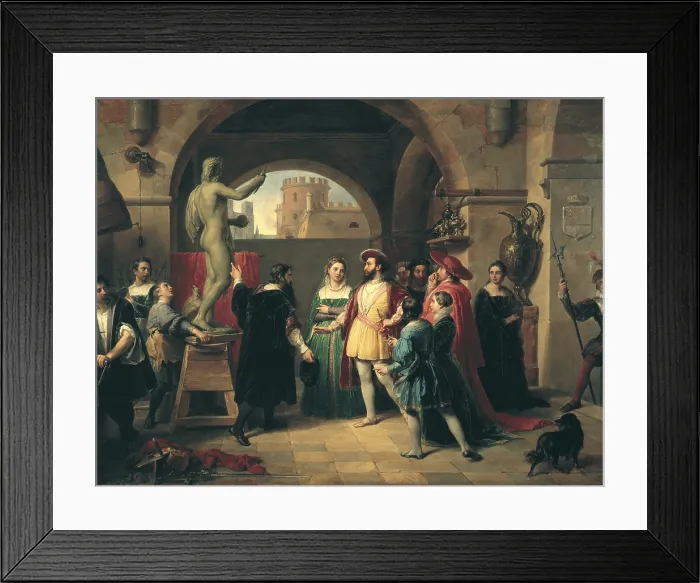 Framed Print : CELLINI, Benvenuto (1500-1571); Francis I of Angouleme(1494-1547). King of France (1515-1547). Francis I of France visits Cellini's studio in Roma. Anonymous work. Painting