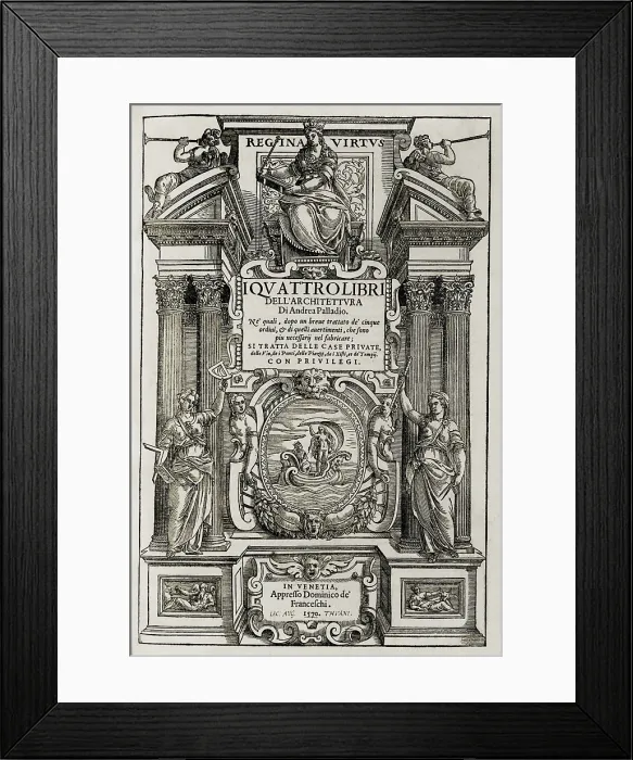 Framed Print : Ornate title page illustration of Andrea Palladio's (1508-1580), THE FOUR BOOKS OF ARCHITECTURE, a handbook on classical architecture Framed Print : Ornate title page illustration of Andrea Palladio's (1508-1580), THE FOUR BOOKS OF ARCHITECTURE, a handbook on classical architecture
