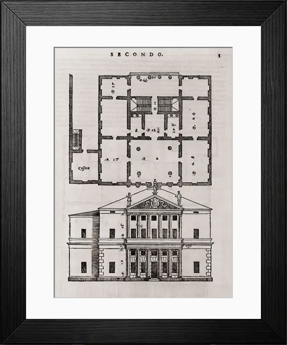 Framed Print : Floor plan and elevation of a classical style house from Andrea Palladio's (1508-1580), THE FOUR BOOKS OF ARCHITECTURE, 1570 Framed Print : Floor plan and elevation of a classical style house from Andrea Palladio's (1508-1580), THE FOUR BOOKS OF ARCHITECTURE, 1570