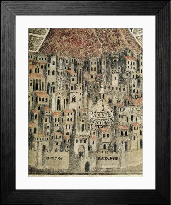 Framed Print : Daddi, Bernardo (c.1290-c.1355). The Madonna della Misericordia. 1342. ITALY. Florence. Loggia del Bigallo (Guildhall). Lower detail with a view of Florence. Renaissance art
