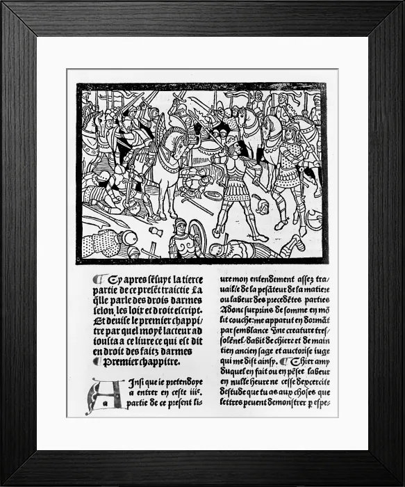 Framed Print : Medieval knights in battle, an illustration from Christine, de Pisan's (1364-1430) 'Faits d'armes et de chevalerie, ' a manual on warfare, commissioned by Philip