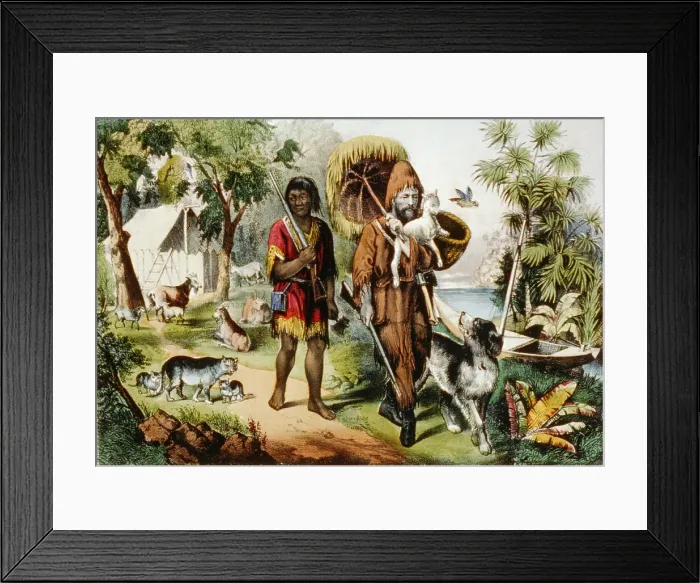 Framed Print : Daniel Defoe's classic characters, Robinson Crusoe, and his companion Friday, with their animals on an isolated island