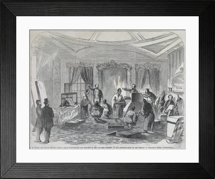 Framed Print : Early photojournalism in 1860. Mathew Brady (1823-1896) photographs, while artists sketch Japanese diplomats at Willard's Hotel, Washington, DC Framed Print : Early photojournalism in 1860. Mathew Brady (1823-1896) photographs, while artists sketch Japanese diplomats at Willard's Hotel, Washington, DC