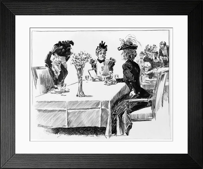 Framed Print : 1898 drawing by Charles Dana Gibson (1867-1944), shows three 'Gibson girls' about to enjoy a restaurant meal