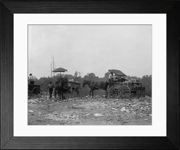 Framed Print : African American teamsters use their wagons to haul and retrieve useful items from a dump near Washington, D.C. in 1923