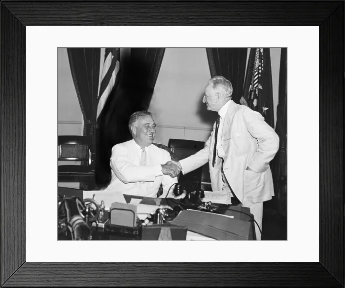 Framed Print : President Franklin Roosevelt shakes hands with Sen. Carter Glass. In 1933 Glass sponsored the Glass-Steagall Act, which separated the activities of banks and securities brokers