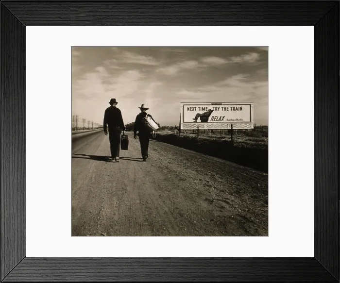 Framed Print : Two men walking toward Los Angeles, March 1937. Ahead of them is a Southern Pacific Railroad billboard reading, Next Time, Try the Train'. Photo by Dorothea Lange Framed Print : Two men walking toward Los Angeles, March 1937. Ahead of them is a Southern Pacific Railroad billboard reading, Next Time, Try the Train'. Photo by Dorothea Lange