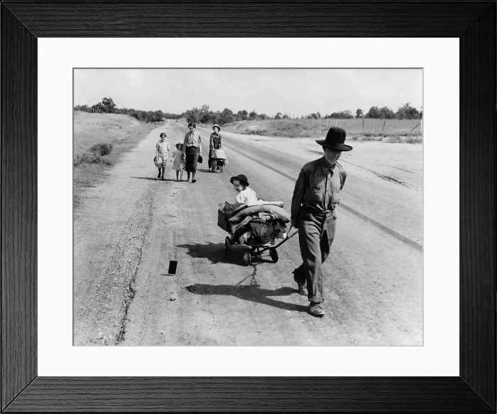 Framed Print : Destitute family walking from Idabel to Krebs, Oklahoma, June 1938. The father lost his tenant farm when ill with pneumonia, was unable to get WPA work, and refused county relief
