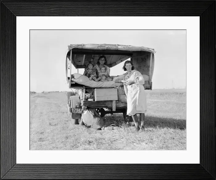 Framed Print : Family traveling from South Texas to Arkansas seeking work in cotton fields, 1936. They are penniless with no food and three gallons of gas in the tank