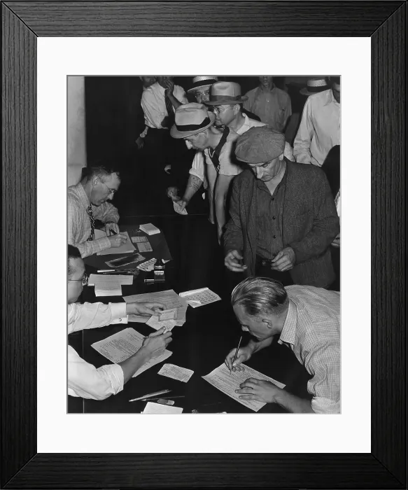 Framed Print : Unemployed men filling out Social Security benefit claims, ca. 1938. In January 1938, new Social Security programs made unemployment compensation available. (BSLOC_2013_7_40)