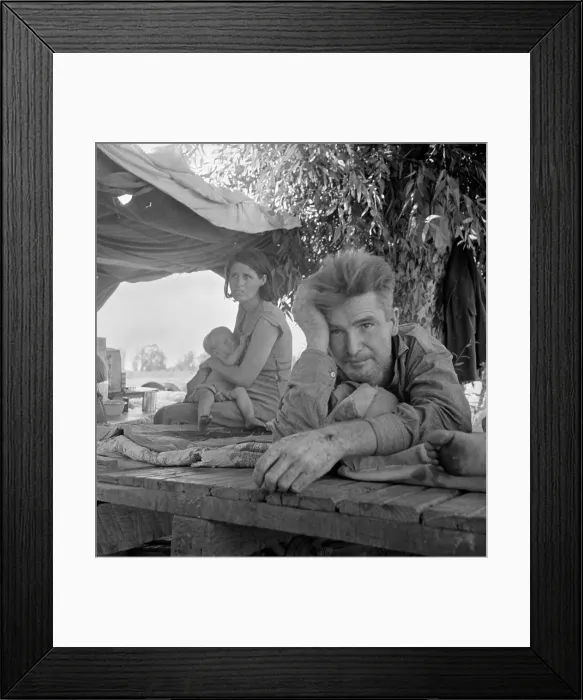 Framed Print : Oakie refugee family camped by a California roadside, Aug. 1936. The family of seven left drought stricken Oklahoma for work in cotton fields. Blythe, Cal. By Dorothea Lange